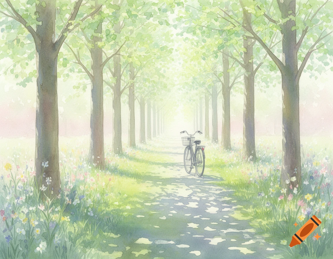 Watercolor painting of a bicycle on a lush green path lined with trees and wildflowers, with dappled sunlight.