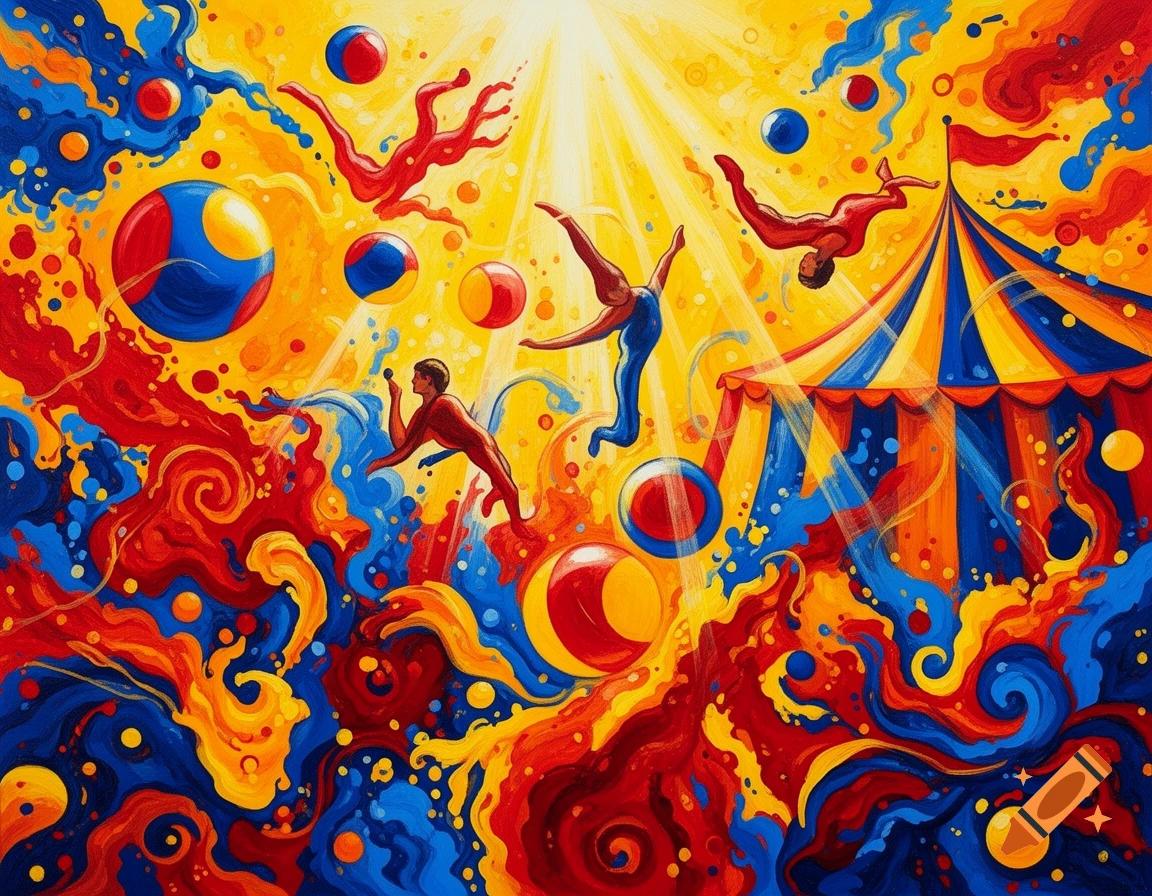 Vibrant abstract painting of a circus scene with acrobats flying around a big top tent and colorful balls.