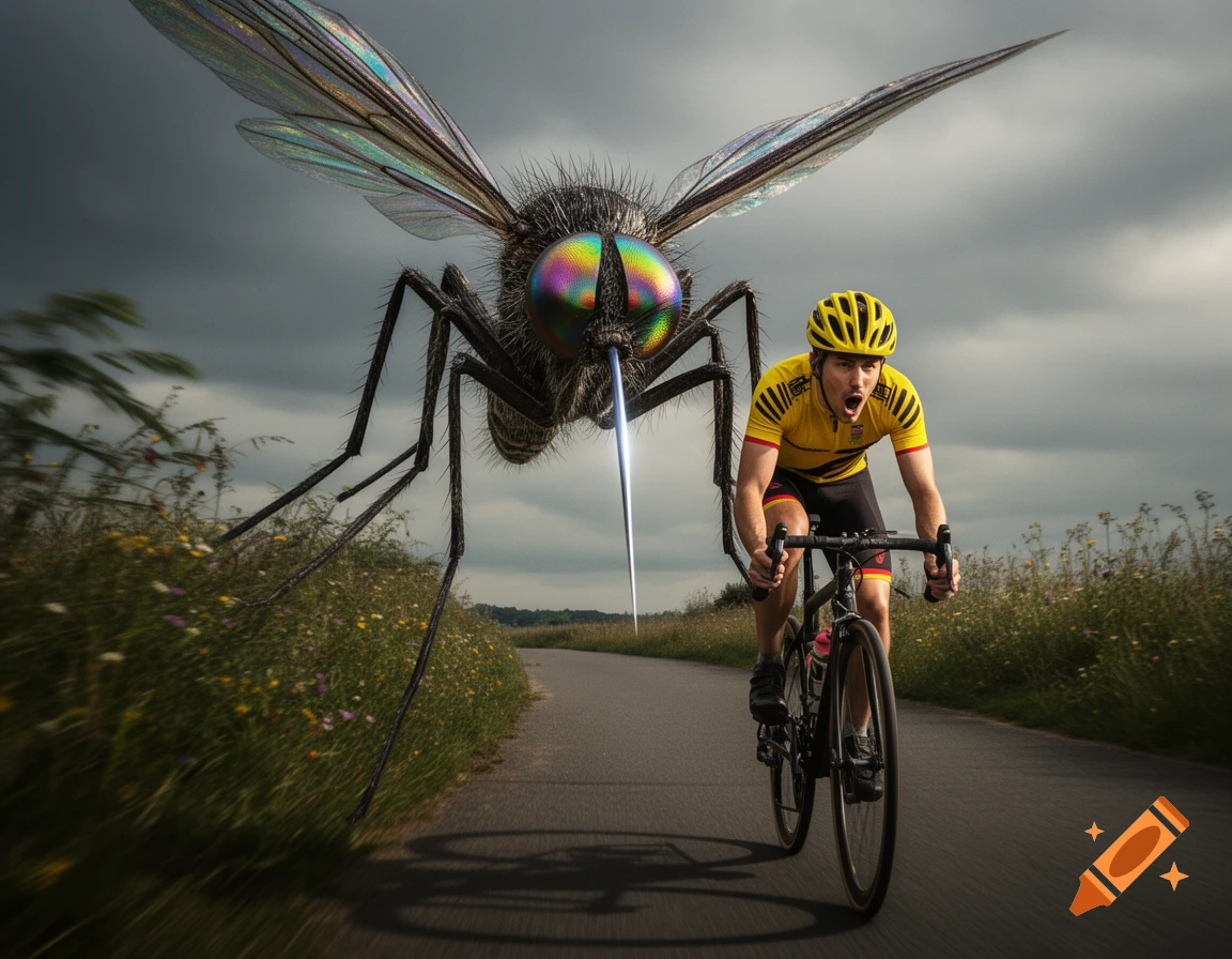 A giant mosquito with iridescent eyes chases a terrified cyclist down a rural road under a stormy sky.