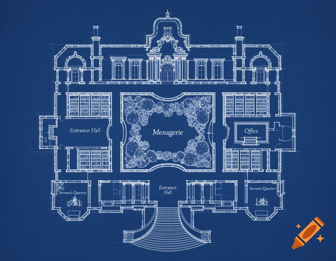 A white line blueprint of a large manor house floor plan with labeled rooms on a blue background.