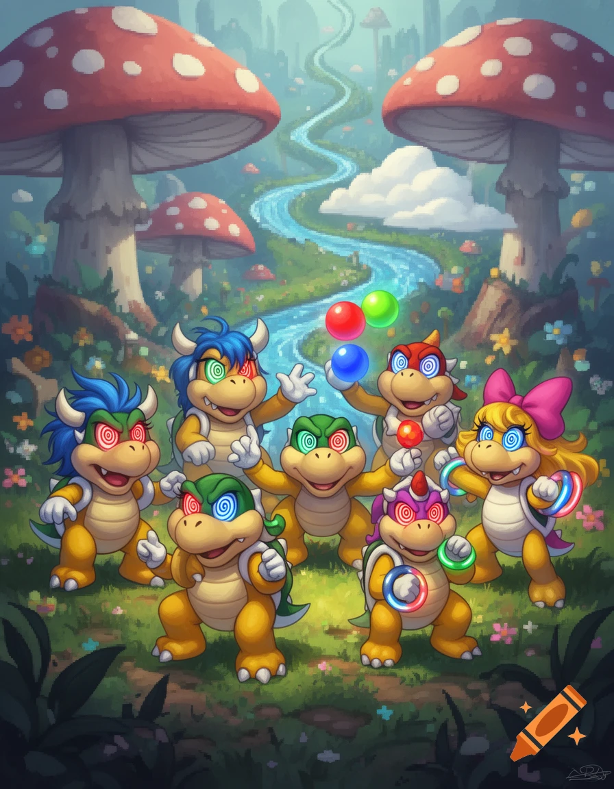 Seven cartoon Koopalings with spiral, hypnotized eyes, holding colorful glowing rings and balls, in a vibrant mushroom forest with a winding river.