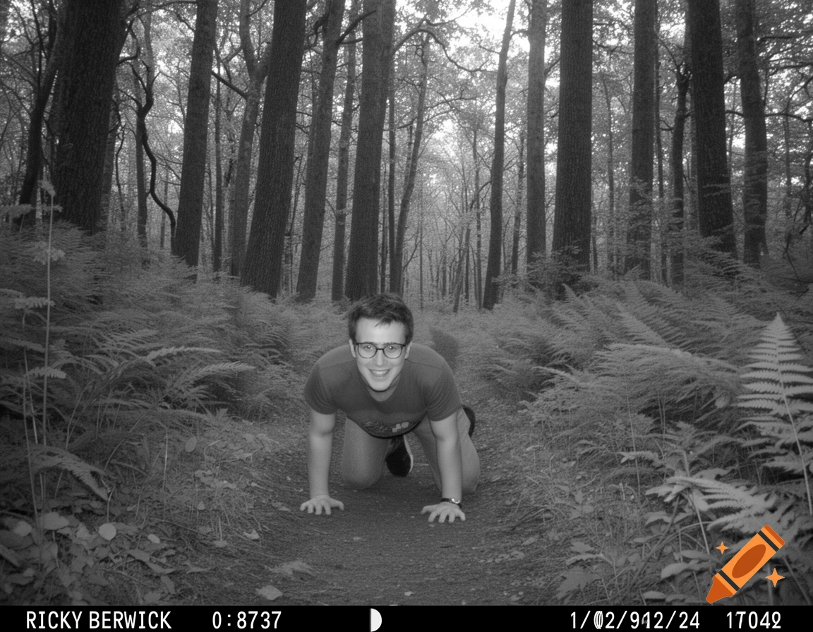 A young man with glasses crawls and smiles on a dirt trail in a dense black and white forest, with trail cam text overlay.