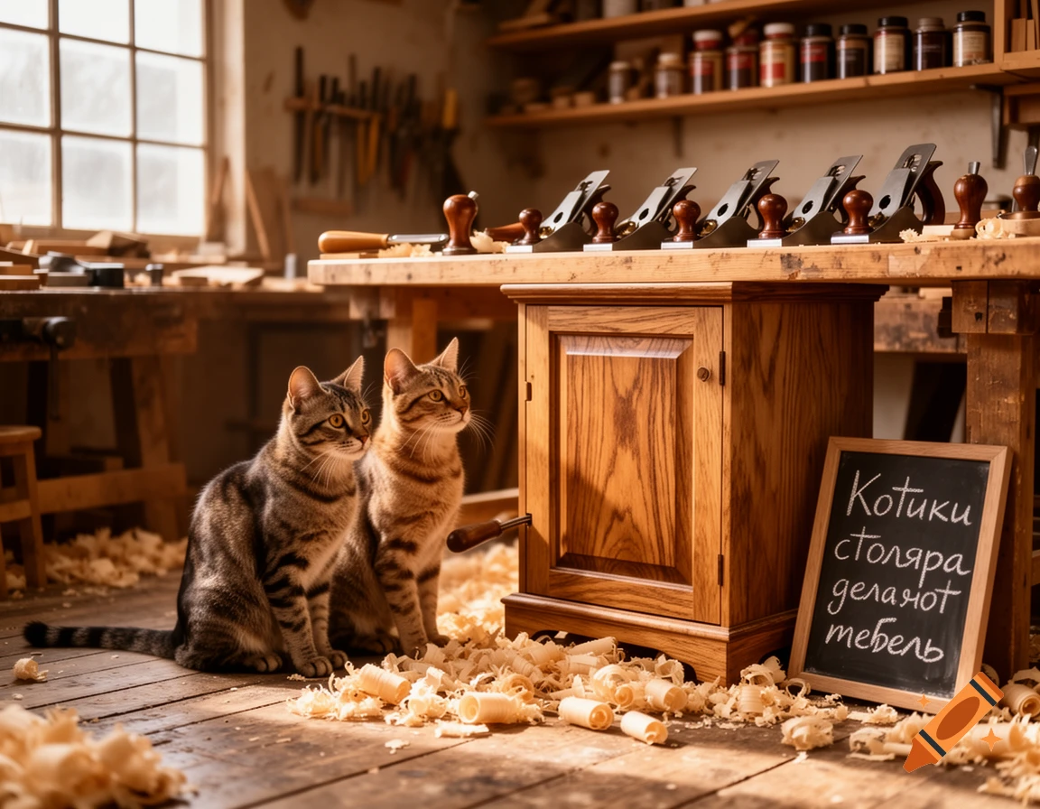 Two tabby cats sit on a wooden floor covered in wood shavings in a sunlit woodworking shop with tools and a blackboard.