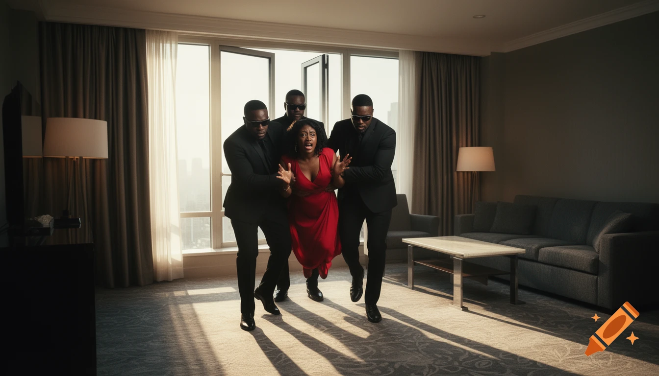 Three men in black suits and sunglasses carry a distressed woman in a red dress through a hotel room towards a window.