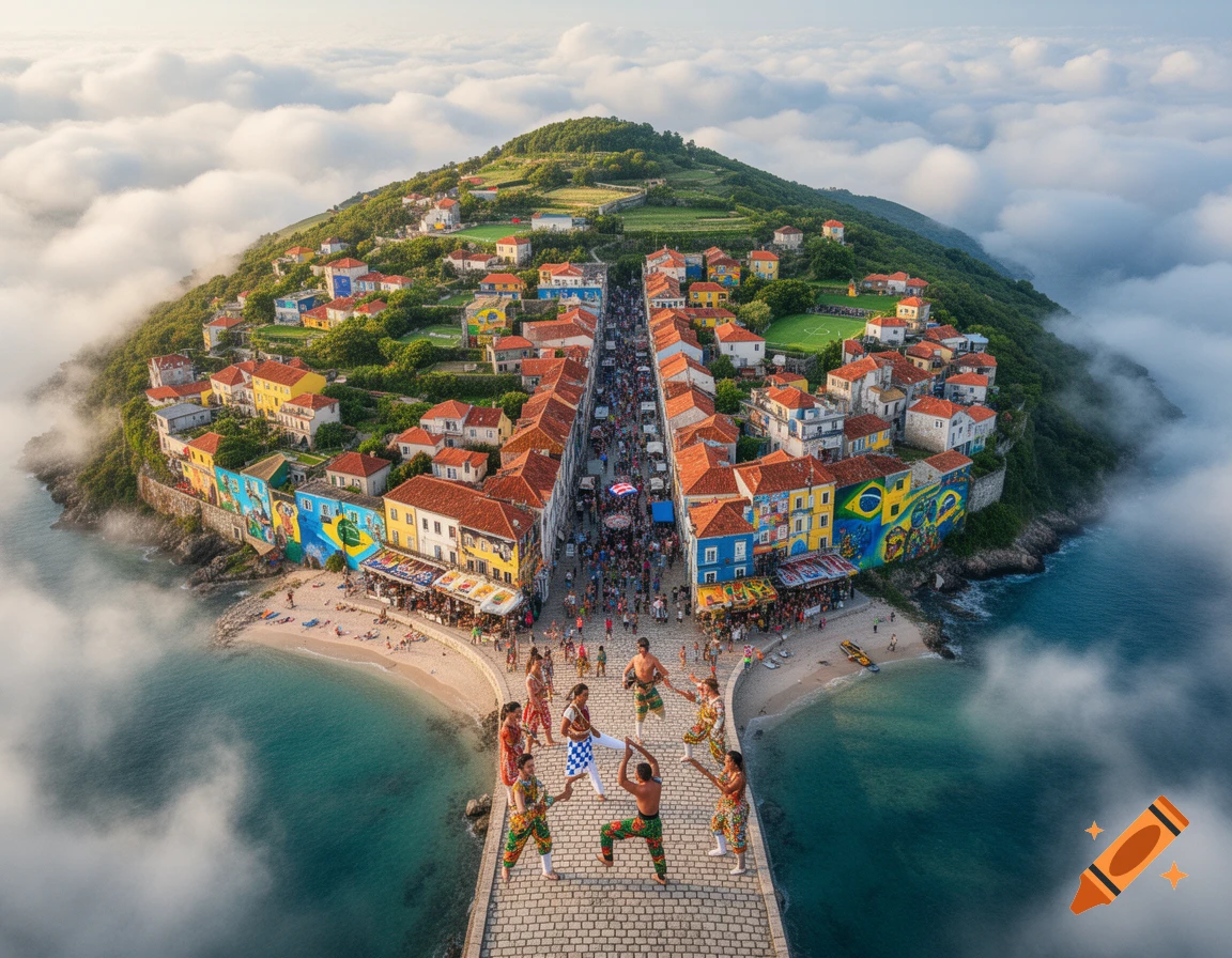 Aerial view of a vibrant island town with colorful buildings, a bustling street, beaches, and dancers on a bridge, enveloped in clouds.