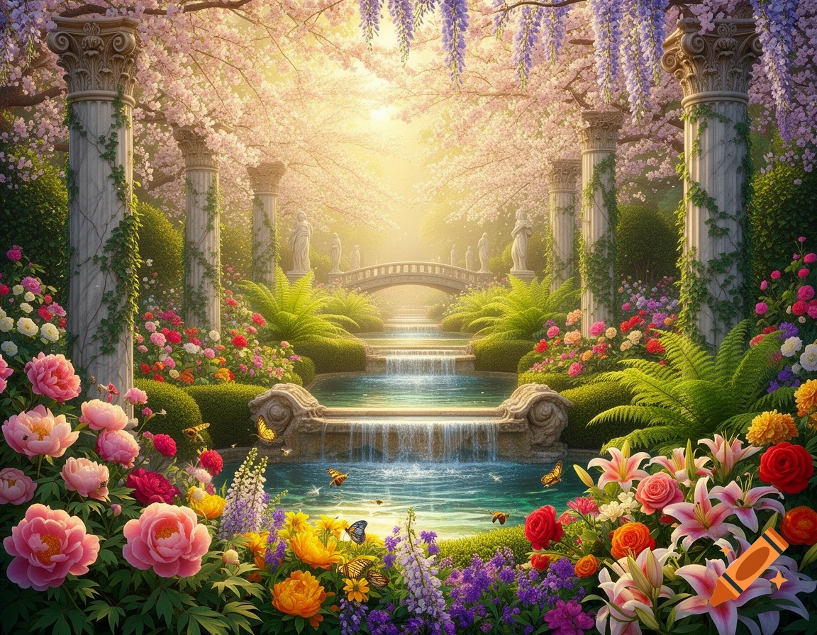 An idyllic fantasy garden with classical columns, vibrant flowers, cascading waterfalls, and a bridge under a bright, sunny sky.