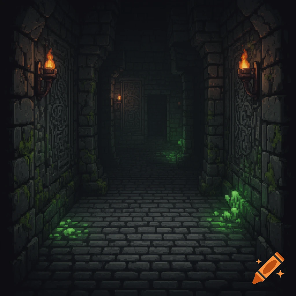 A dark pixel art dungeon corridor with brick walls, glowing green moss, and lit torches leading to a distant door.