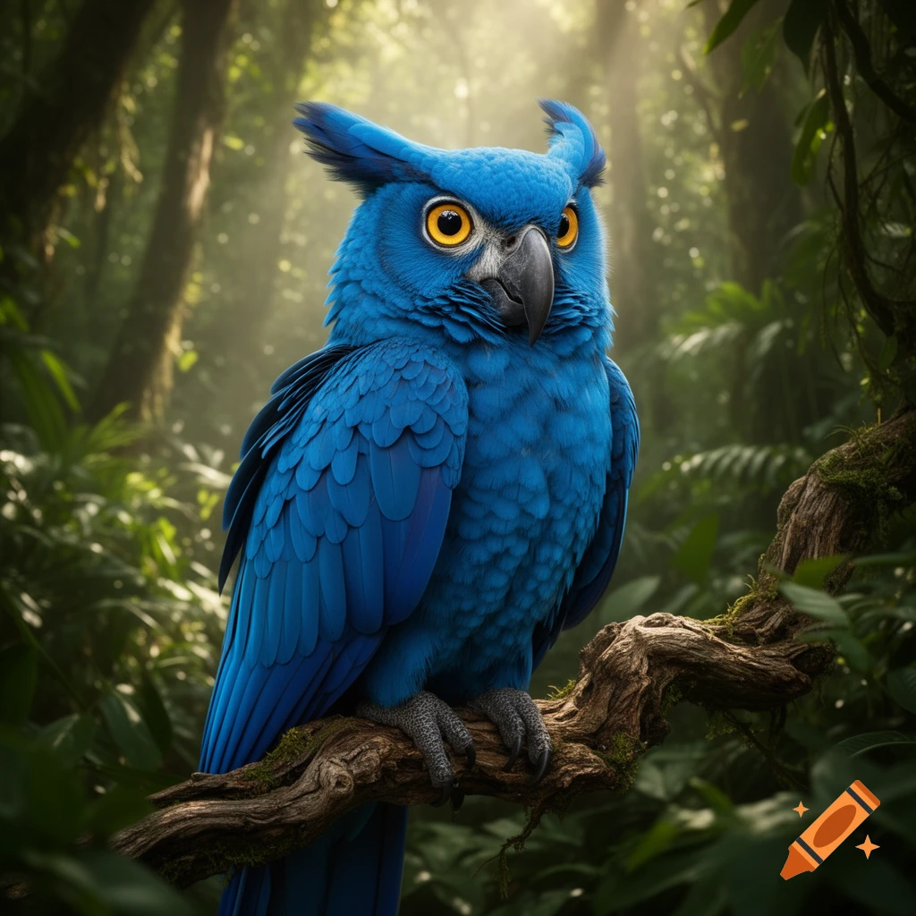 A vibrant blue owl-macaw hybrid with bright yellow eyes perches on a mossy branch in a lush, sunlit jungle.