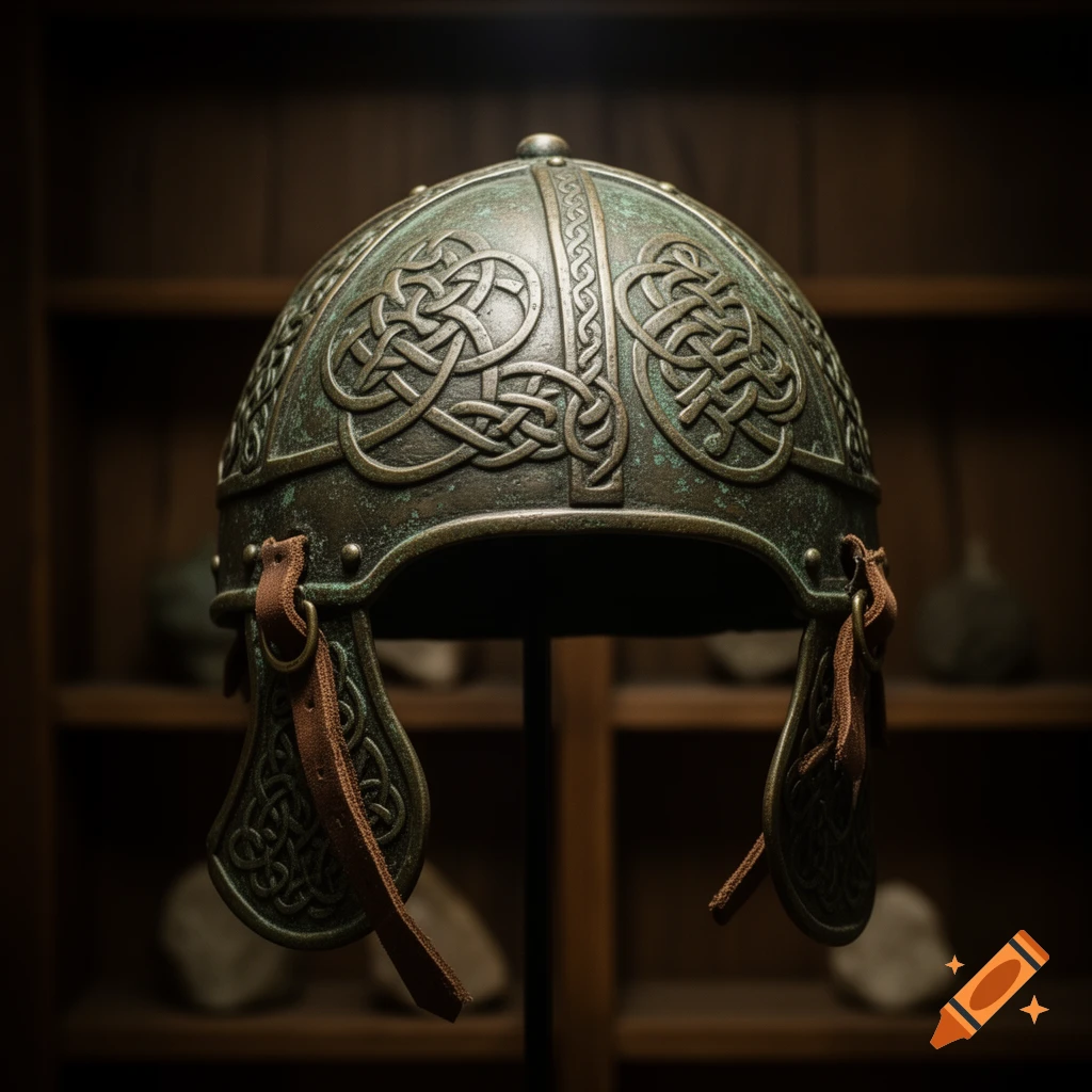 A detailed, aged bronze Celtic helmet with intricate knotwork designs and leather straps, displayed against a dark wooden background.