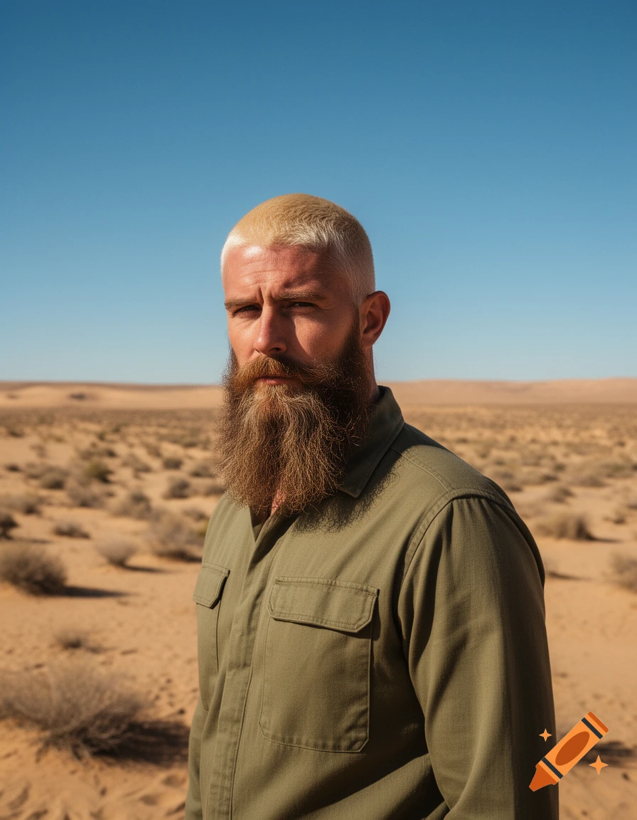 A serious man with a blonde buzz cut and a long brown beard wears a green shirt, standing in a vast desert under a clear blue sky.