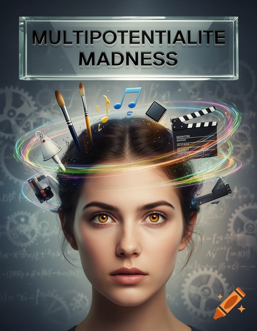 A woman's face with creative and technical icons, like paint brushes, musical notes, and a circuit board, orbiting her head against a background of gears and equations. A glass-like banner at the top reads "MULTIPOTENTIALITE MADNESS".