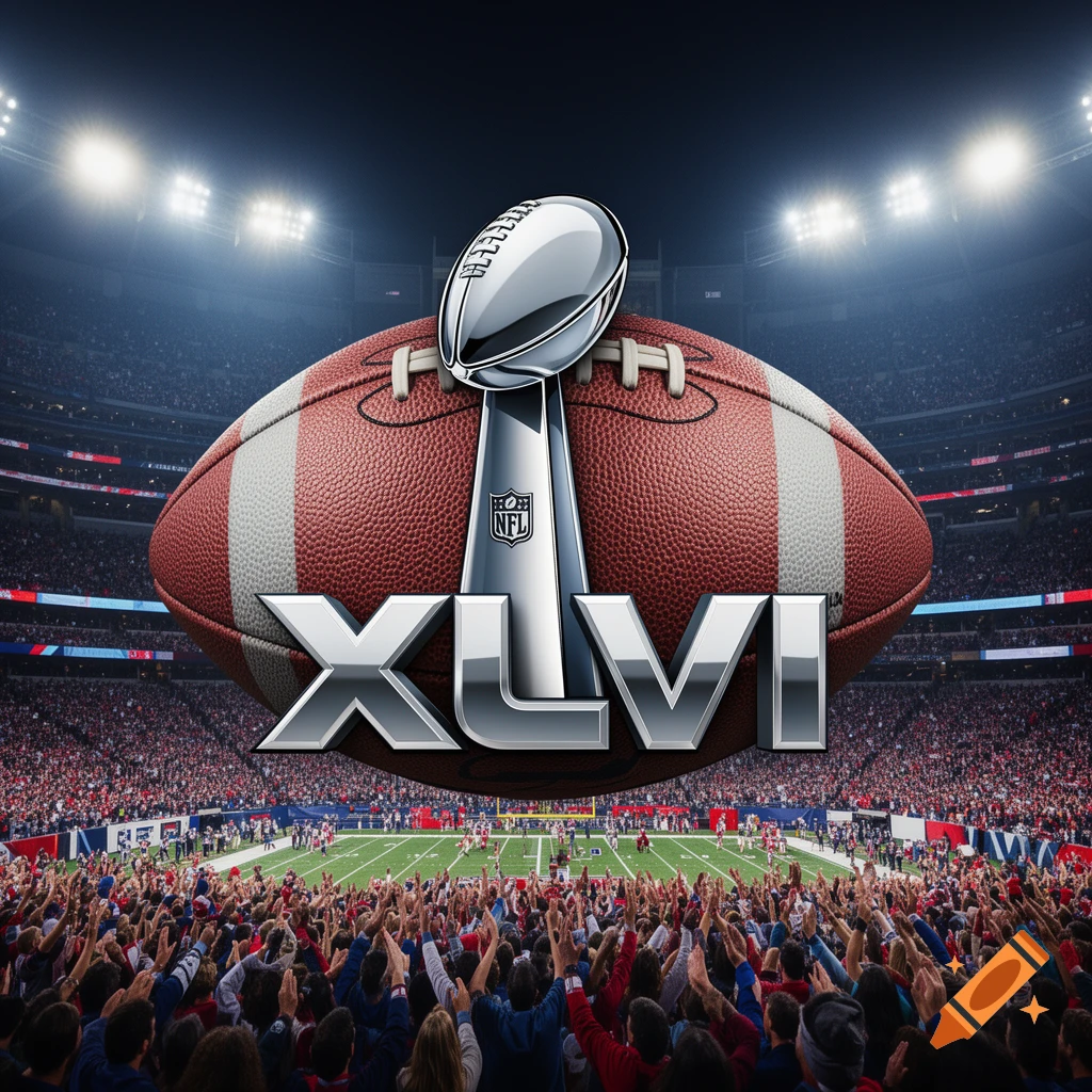 Super Bowl XLVI logo over a packed football stadium, with a prominent football and trophy.