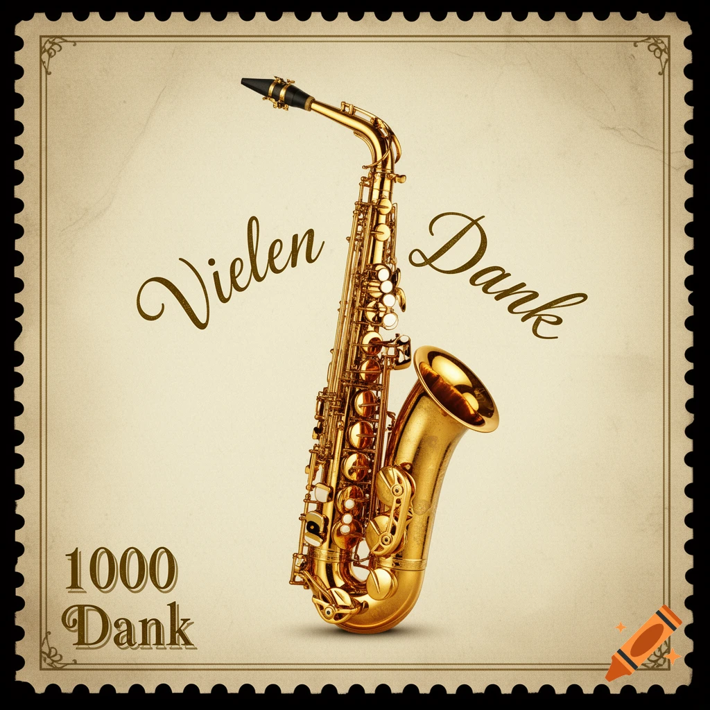 A vintage-style stamp features a golden tenor saxophone with the German words 'Vielen Dank' floating above and '1000 Dank' in the bottom left corner.