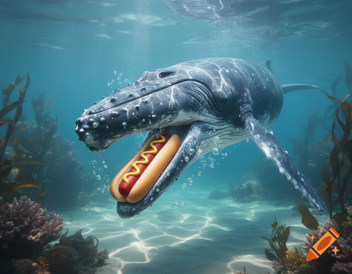 A large humpback whale swims underwater, holding a hotdog with mustard in its mouth. Coral and kelp are visible on the seafloor.