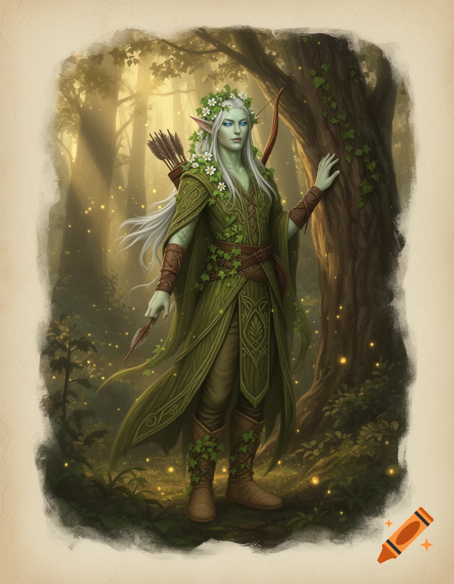 Detailed fantasy illustration of a gender-neutral Wood Elf in green robes with a bow, standing in a sunlit forest.