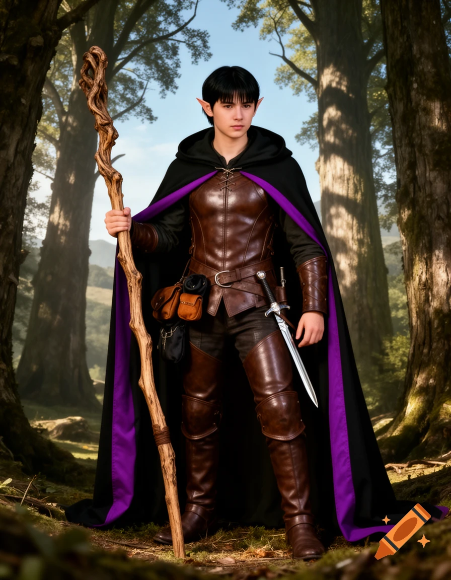 Young semi-elf mage in brown leather armor and black, purple-trimmed cloak, holding a staff in a sun-dappled forest.