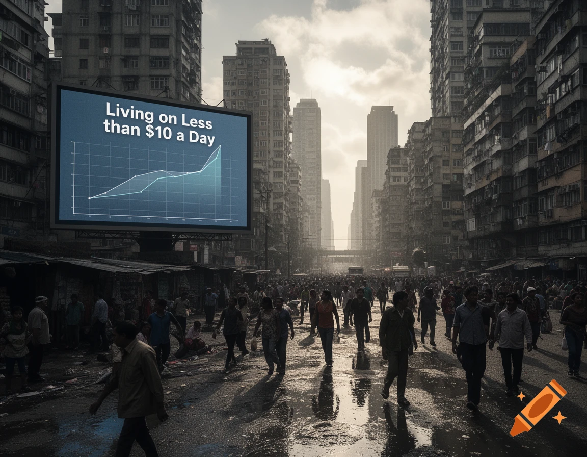 A crowded, wet urban street scene in a dense city with tall, old buildings, featuring a billboard displaying a graph and the text 'Living on Less than $10 a Day'.