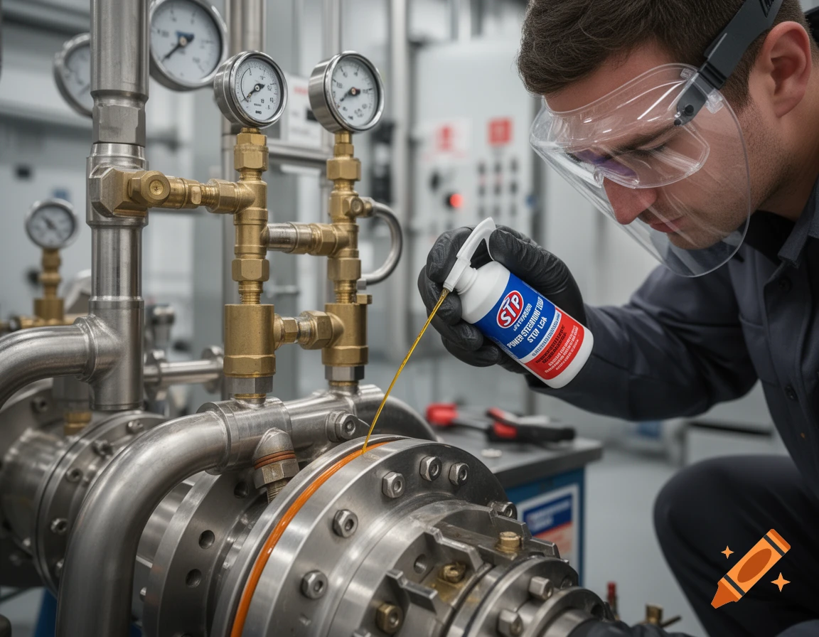 Man in safety gear applying STP fluid to industrial pump machinery.