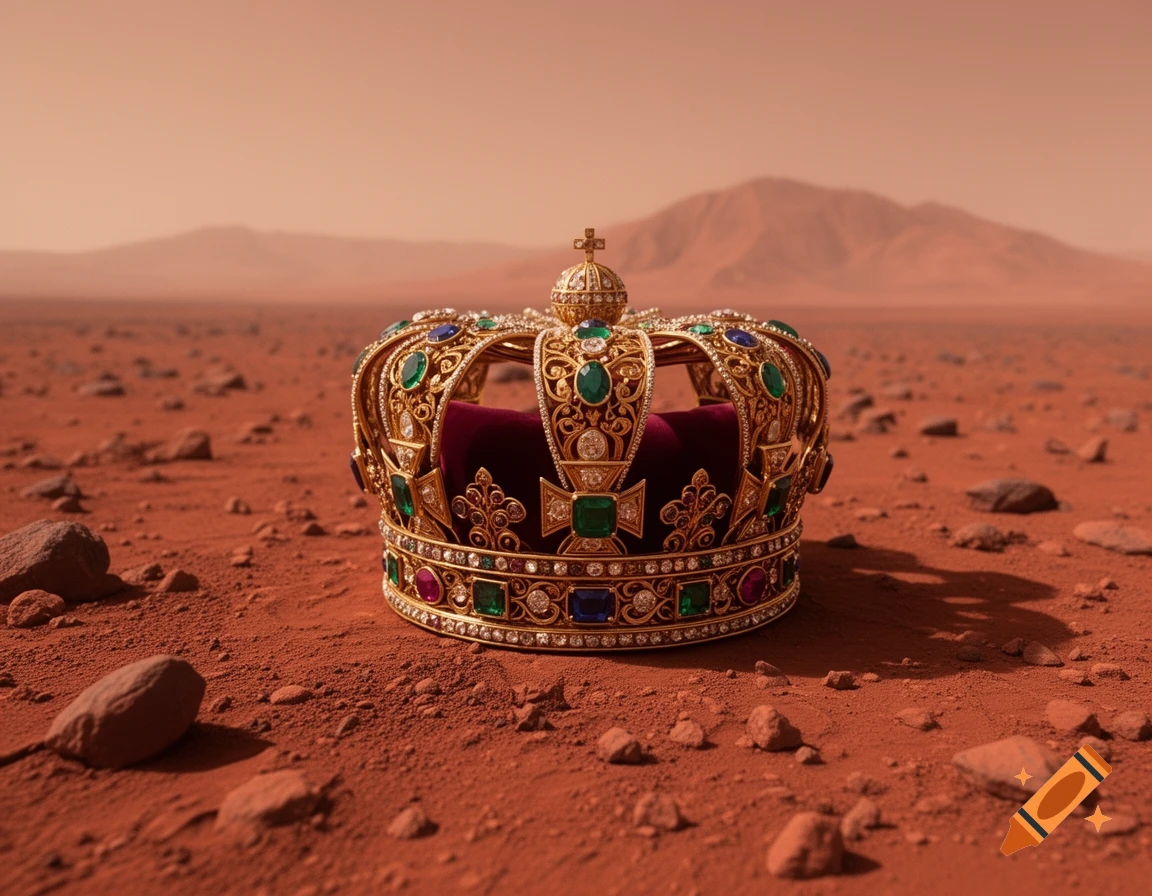 A detailed, jewel-encrusted golden crown sits on a rocky red Martian landscape with distant mountains under an orange sky.
