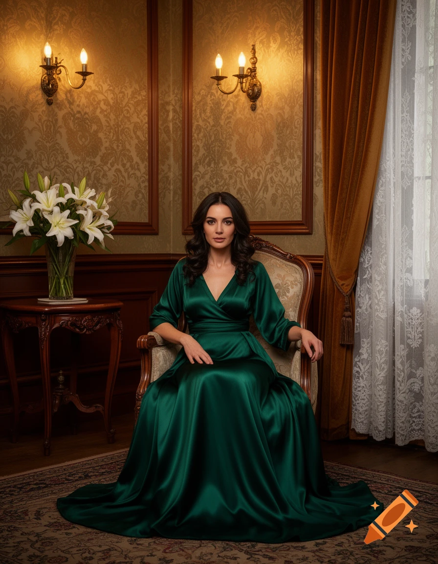 Woman in an emerald green satin dress sits regally in an ornate chair in a classic room with sconces and lilies. Photorealistic.