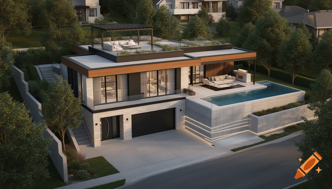 Aerial view of a modern luxury split-level home with a swimming pool, rooftop terrace, and lush landscaping at golden hour.