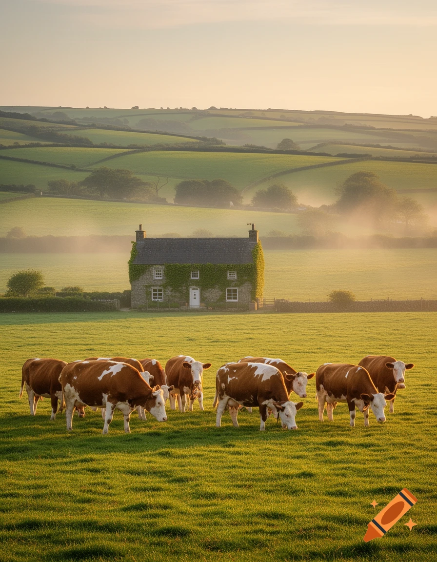 Brown and white cows graze in a green pasture with an ivy-covered stone farmhouse and misty hills in the background at dawn.