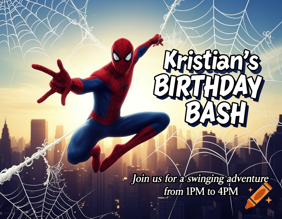 Spider-Man swinging over a city skyline at sunset on a birthday invitation for Kristian, with party details from 1PM to 4PM.