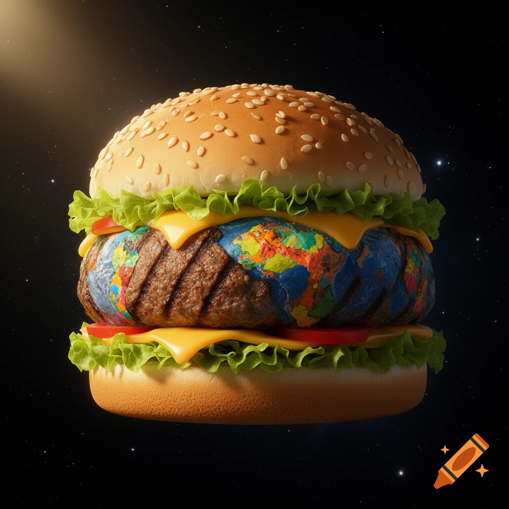 A photorealistic hamburger with a grilled patty shaped like Earth's globe, floating in starry outer space.