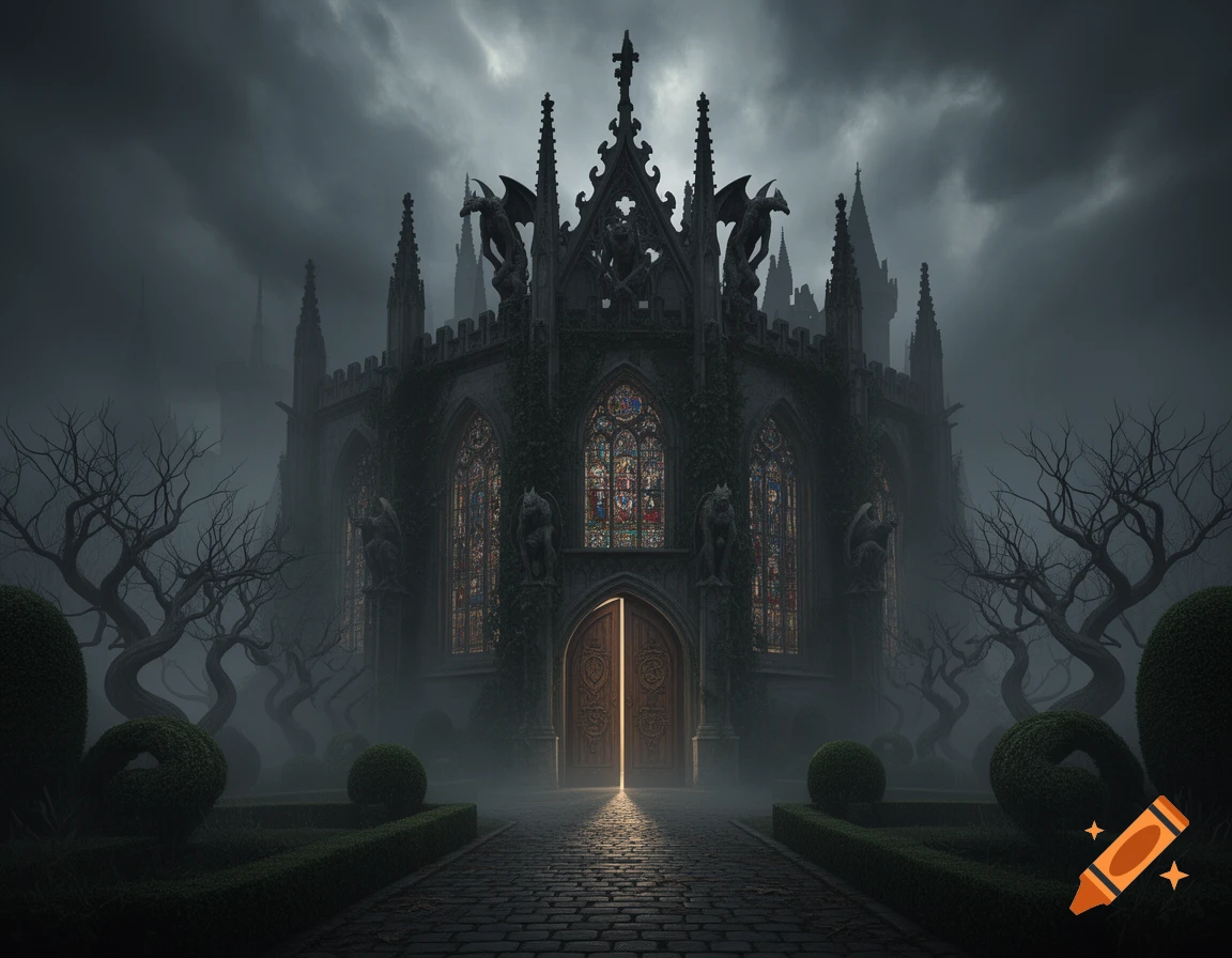 A dark gothic castle or mansion with spires, gargoyles, stained glass, and a glowing doorway, surrounded by gnarled trees and fog under a stormy sky.