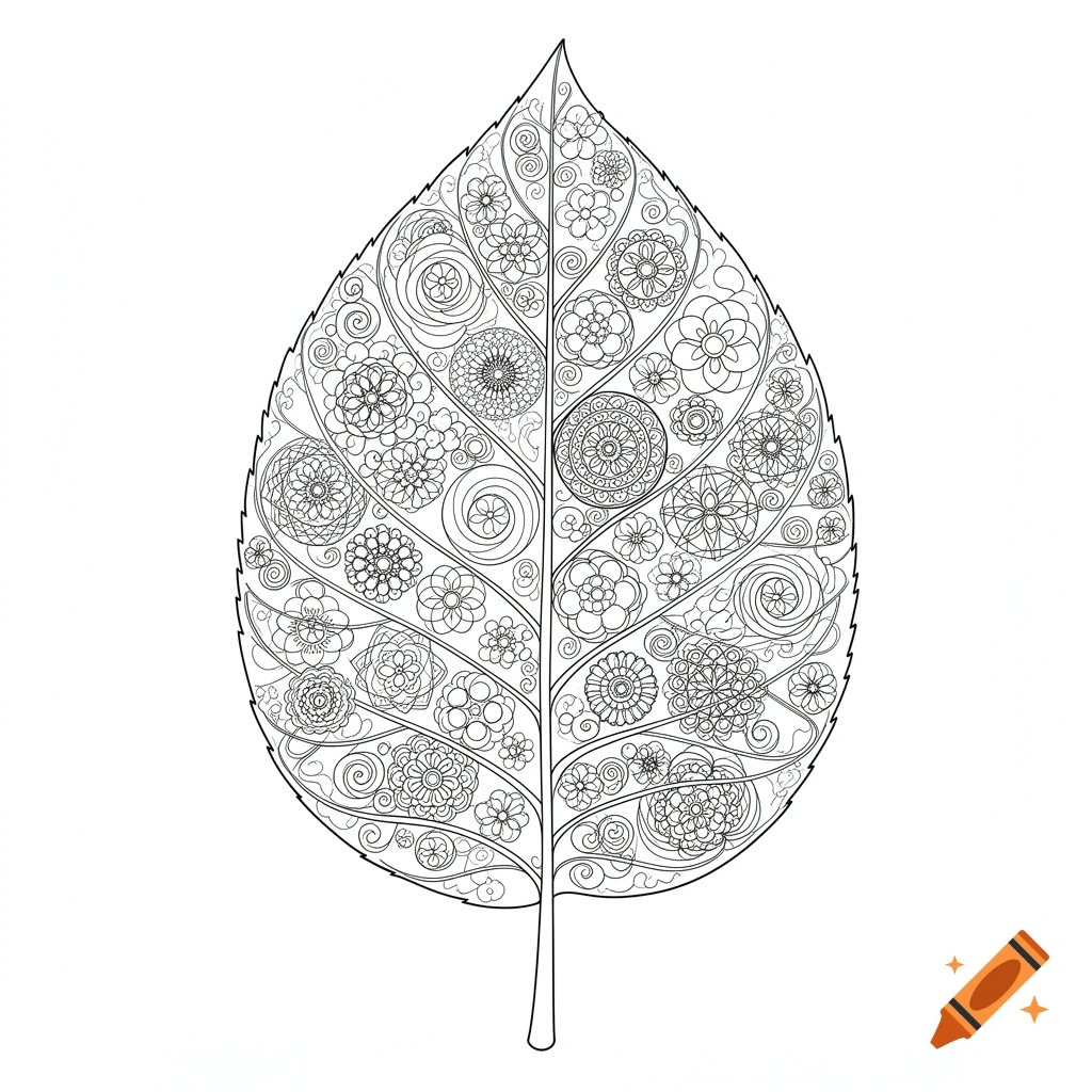 Black and white coloring page of a leaf filled with intricate floral and zen patterns.