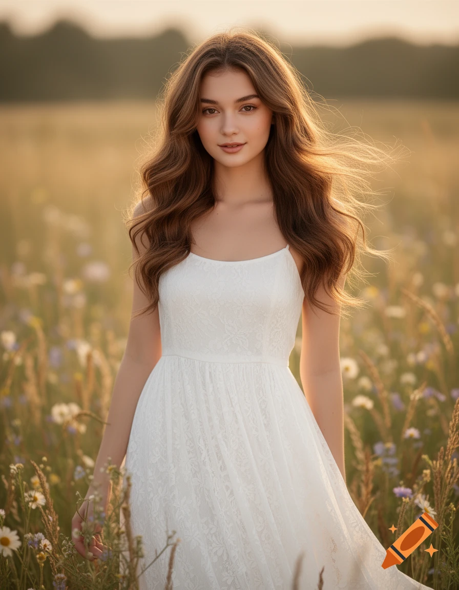 A young woman with long wavy brown hair in a white dress stands in a ...