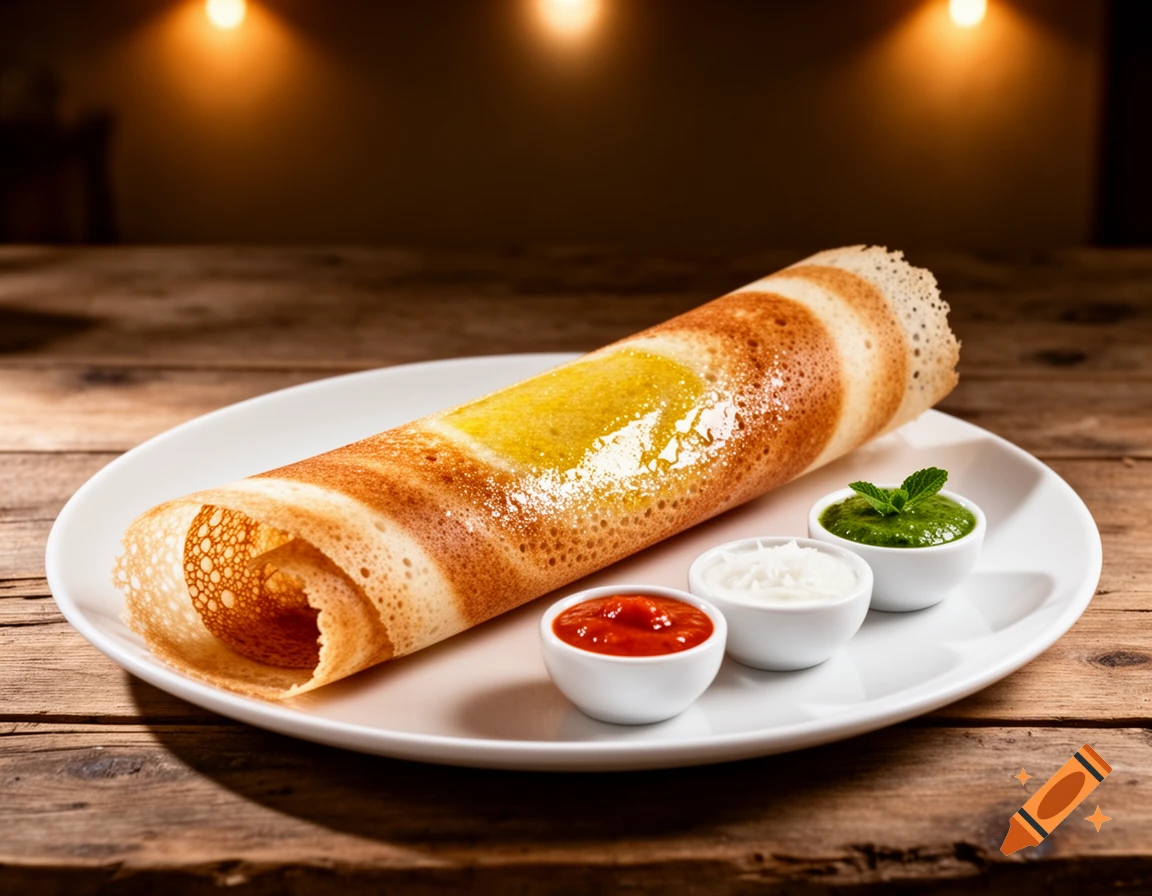 A golden-brown dosa with a yellow filling, served with three small bowls of chutney on a white plate on a wooden table.