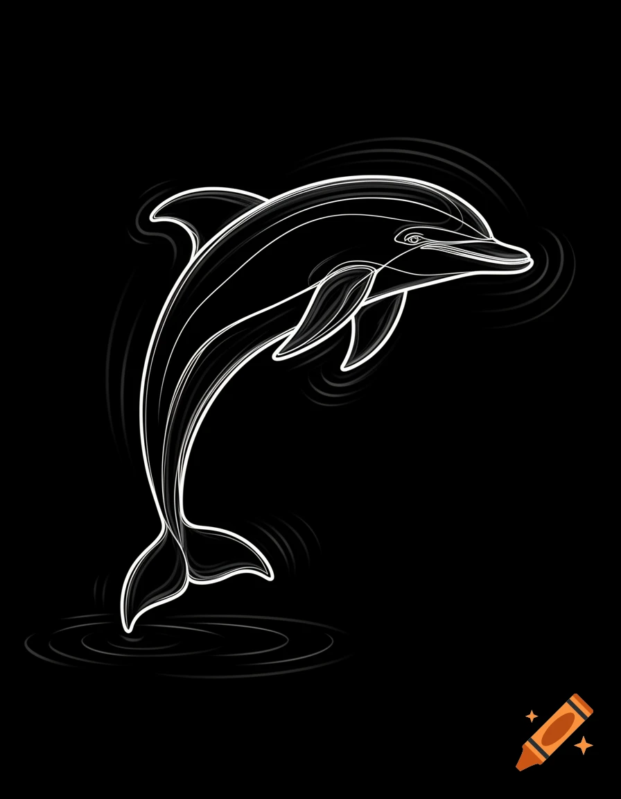 Stylized white line art of a dolphin leaping above water ripples on a black background.