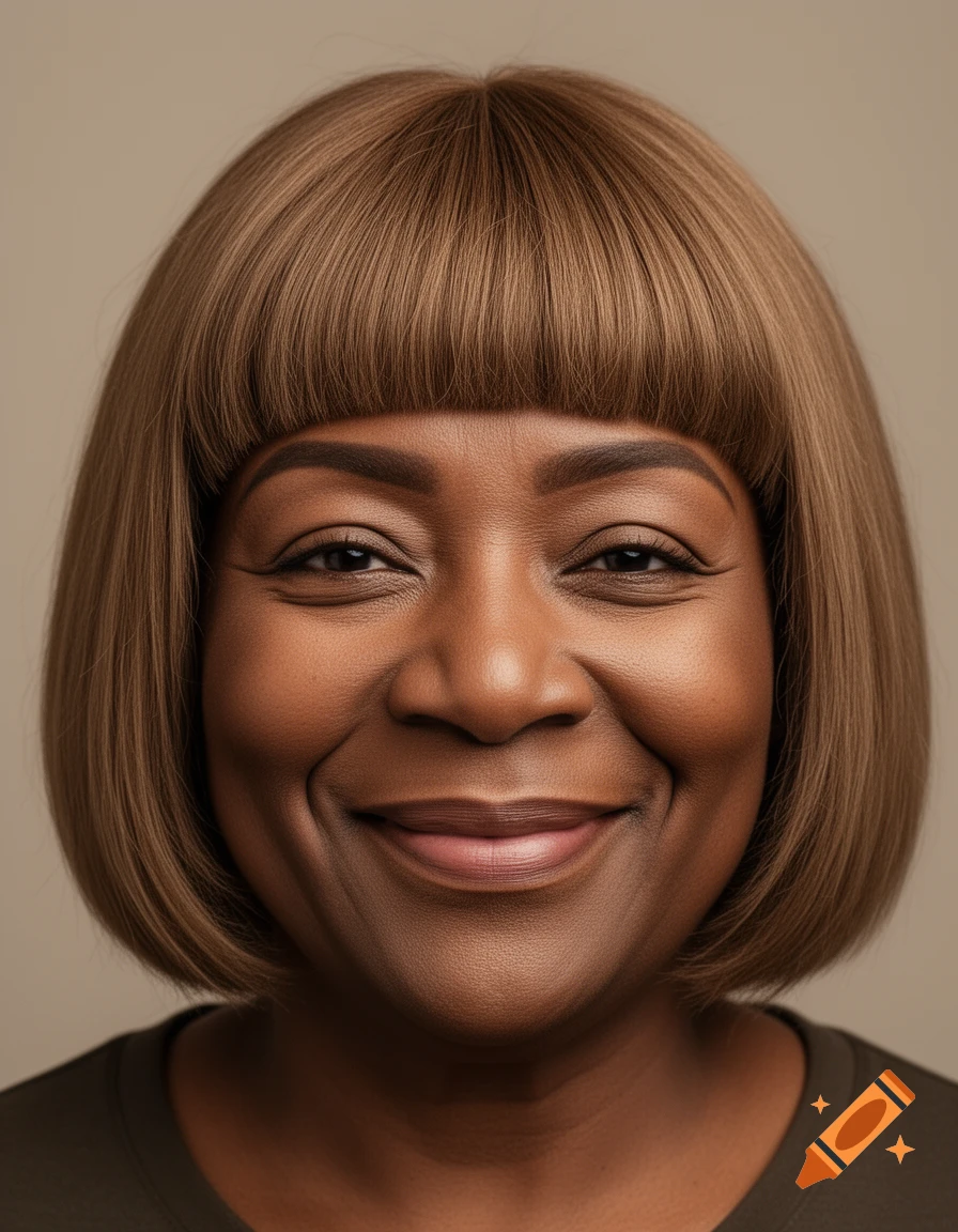 A close-up, photorealistic portrait of a smiling Black woman with sandy brown bob hair and bangs.