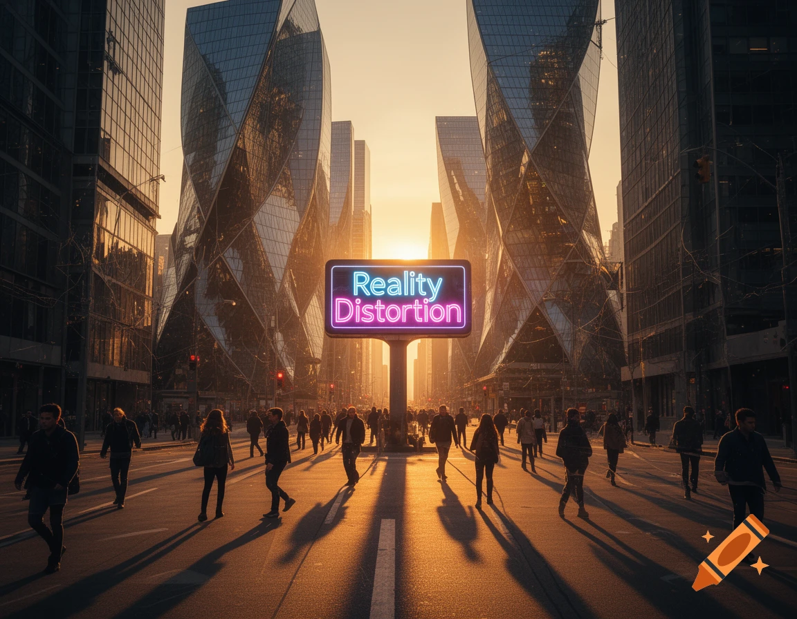 Photorealistic image of a bustling city street with a glowing 'Reality Distortion' sign between two twisted glass skyscrapers at sunset.