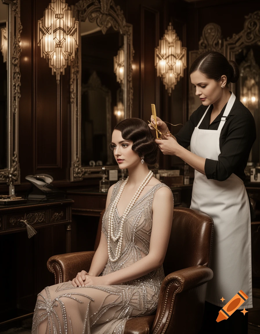 A woman in a beaded dress gets her finger waves styled in an opulent Art Deco salon.