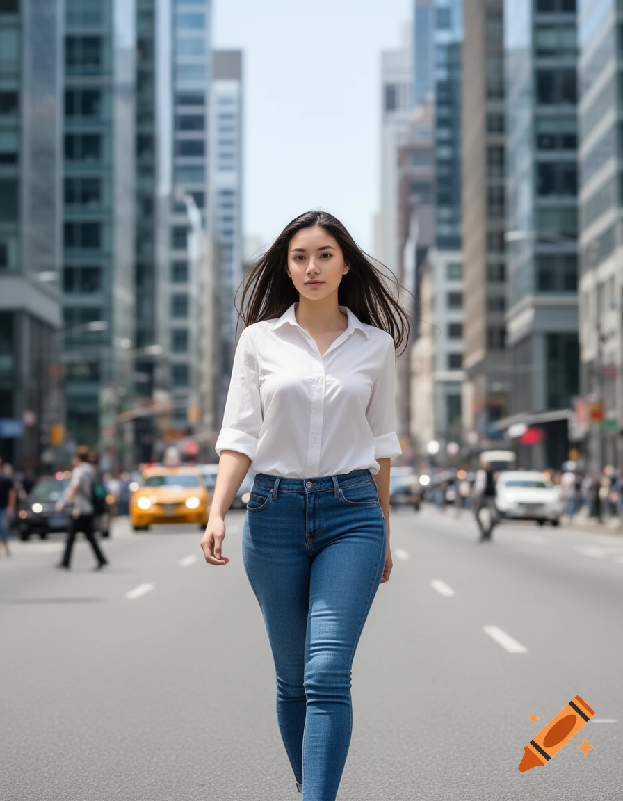 A woman in a white button-up shirt and jeans walks confidently down a city street with tall buildings in the background.