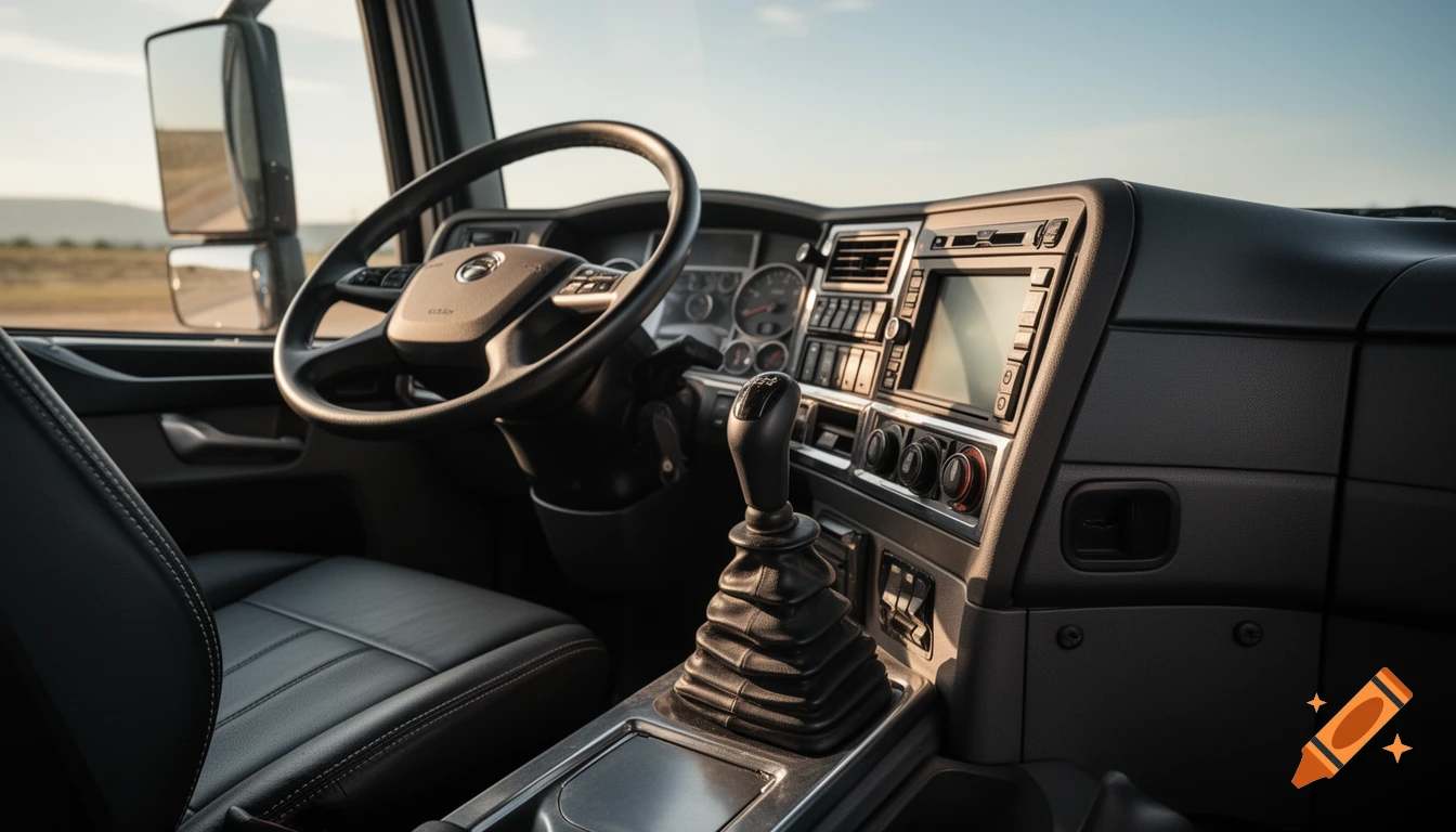 Photorealistic interior view of a heavy truck cockpit from the driver's perspective, showing the steering wheel, dashboard, and gear shifter.