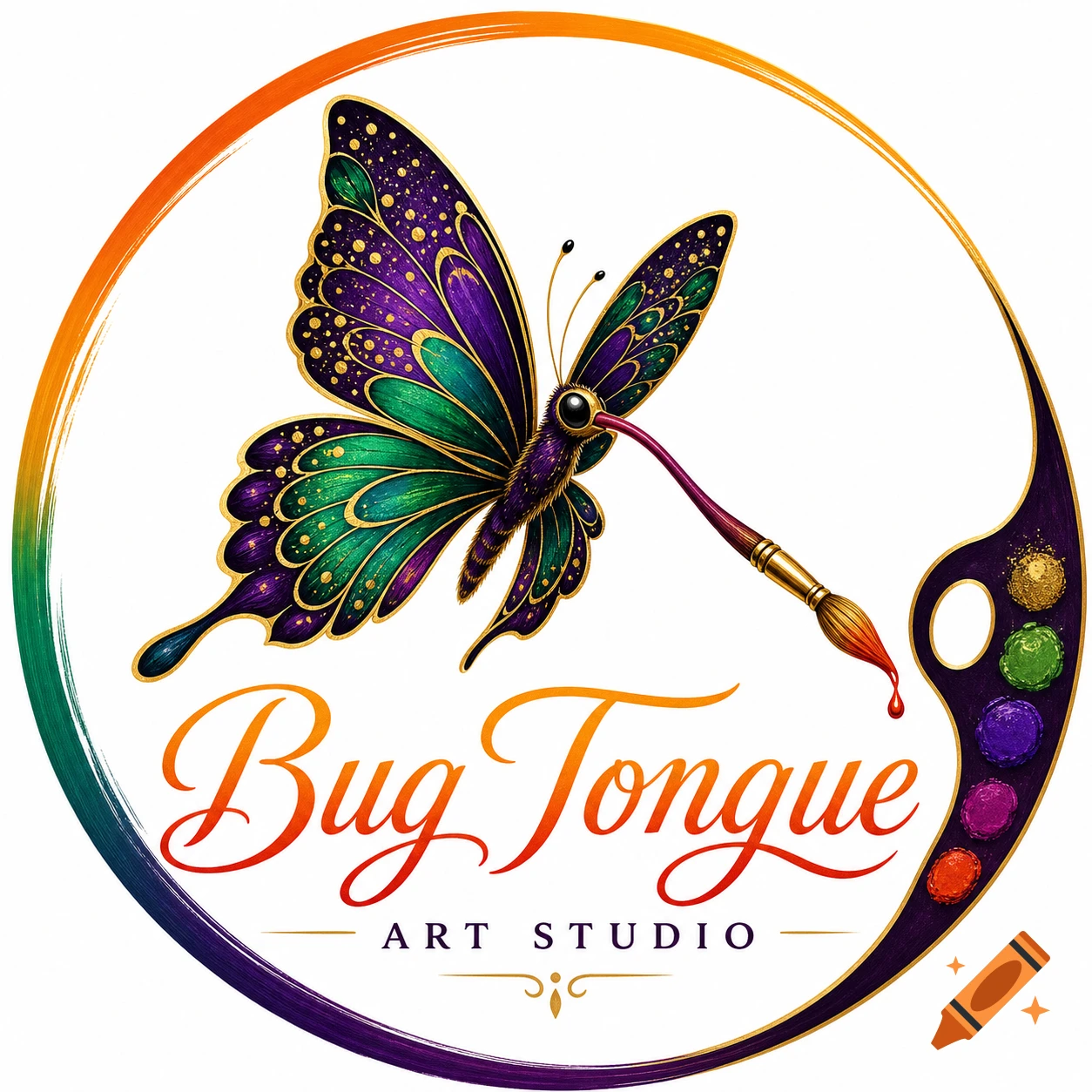 Vibrant art studio logo with a purple and green butterfly, a paintbrush proboscis, rainbow circle, and text "Bug Tongue ART STUDIO" above a paint palette.