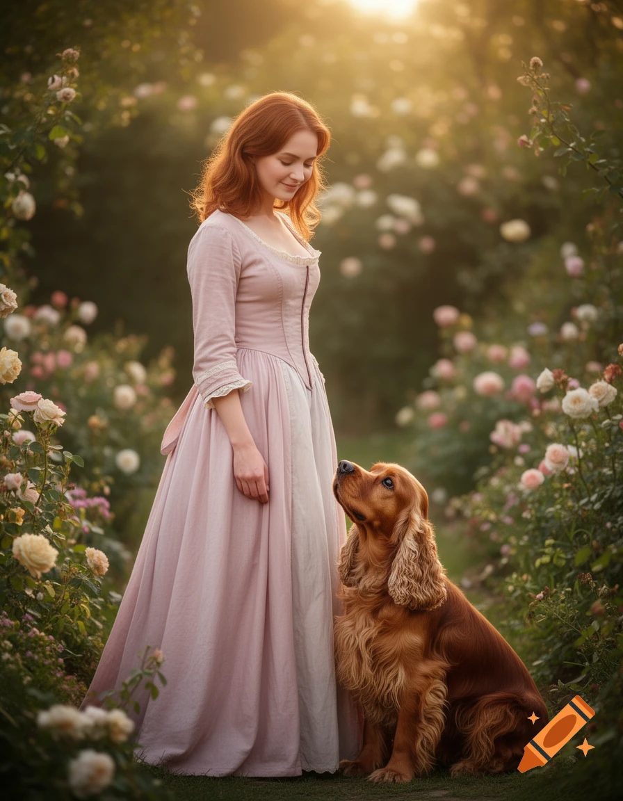 A woman in a pink period dress looks down at her Cocker Spaniel in a sunny rose garden, rendered in a soft, painterly style.