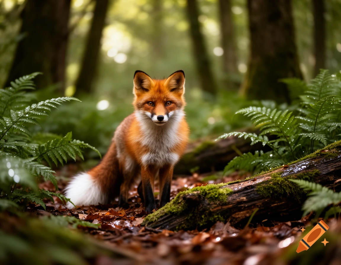 A photorealistic red fox with white chest fur stands among ferns and leaves in a lush forest, looking forward.