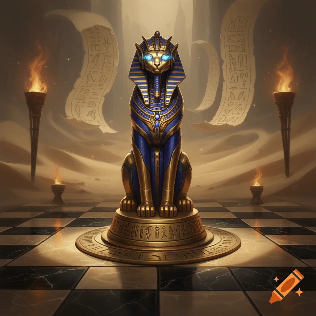 A gold and blue Egyptian cat-like statue with glowing blue eyes, sitting on a chessboard base amidst torches and hieroglyph scrolls in a mystical setting.