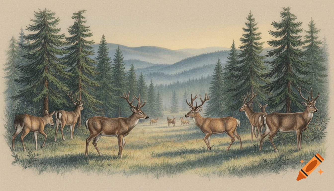 A drawing of several deer, including bucks with antlers, in a forest clearing surrounded by evergreen trees and distant hills.