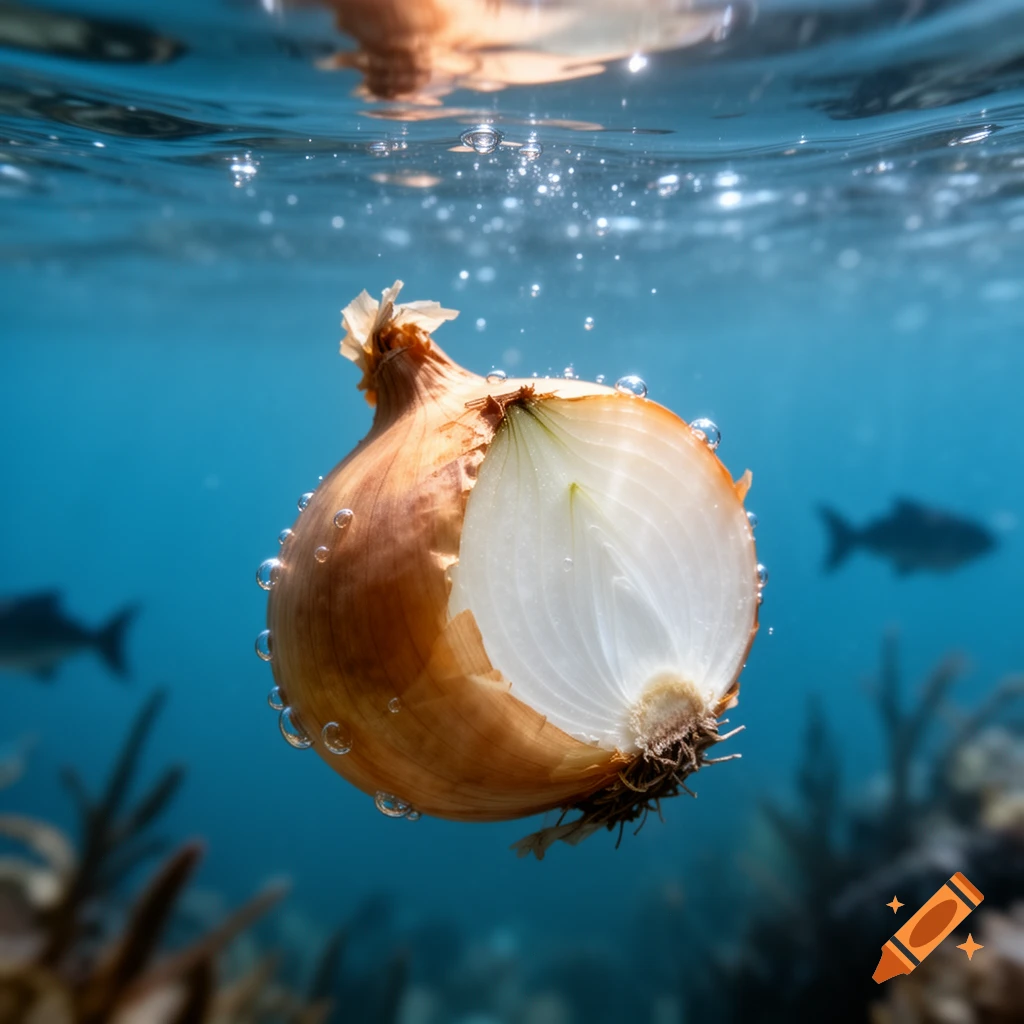A sliced onion floats just below the water's surface, surrounded by bubbles with blurry fish and coral in the deep blue background.
