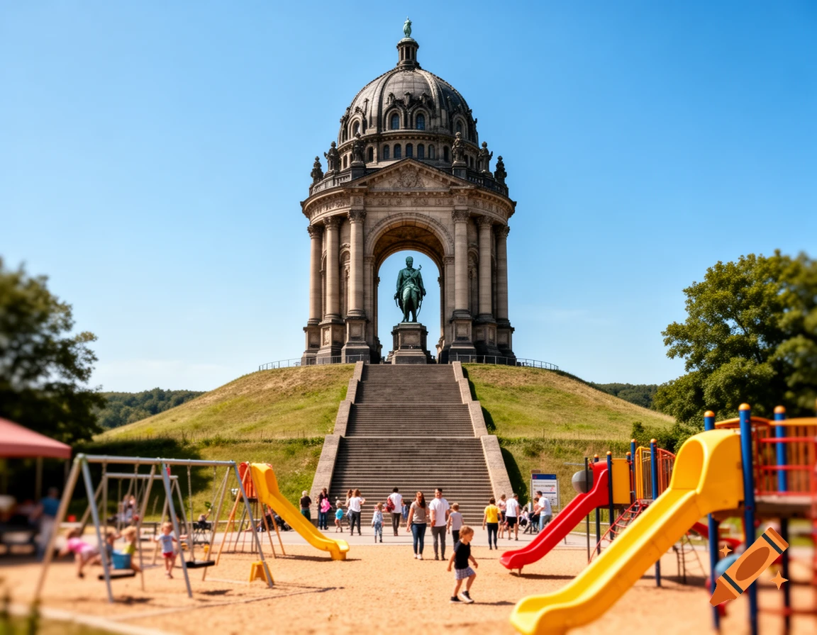 A large domed monument with a statue on a hill, seen behind a bustling sandy playground with children and adults under a clear blue sky.
