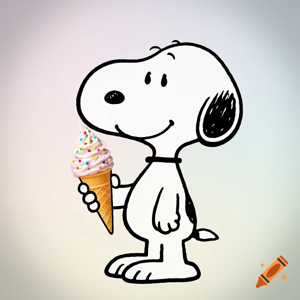 Snoopy, a white beagle, stands holding a pink soft-serve ice cream cone topped with colorful sprinkles.