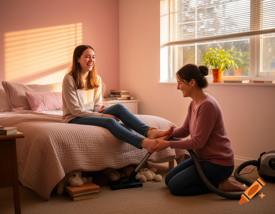 A smiling mother kneels, cleaning her laughing daughter's bare foot with a vacuum hose in a sunny bedroom.