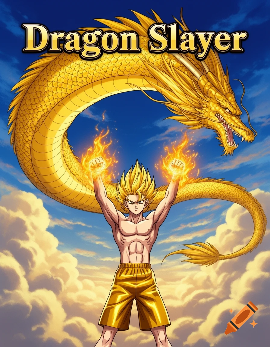 Anime-style character with golden hair and shorts, raising glowing fists in front of a large golden dragon in a cloudy sky, with 'Dragon Slayer' text.