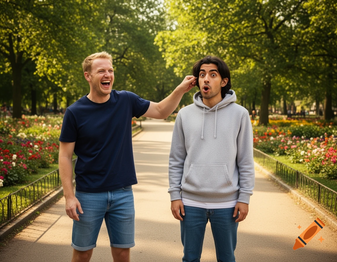 A man laughs while playfully pulling the ear of another man who looks surprised in a sunny park with trees and flowers.