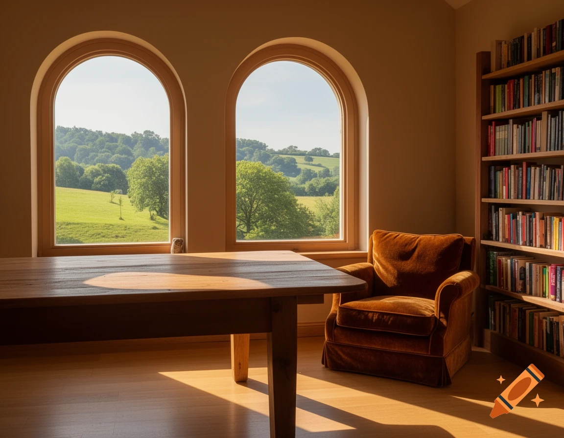 A sunlit room with a wooden table, a velvet armchair, and a bookshelf by arched windows overlooking a green, hilly landscape. Photorealistic.